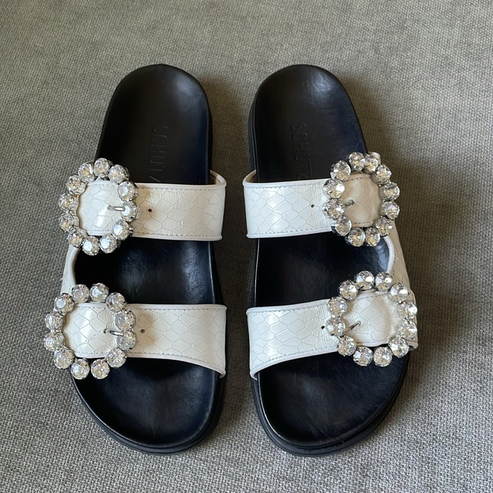 NEW SCHUTZ Ariel Embellished Double Strap White Sandals - Size 7.5